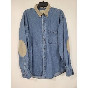 Cabela's Blue Demin Brown Elbow Patches Men's Long Sleeve Shirt XL